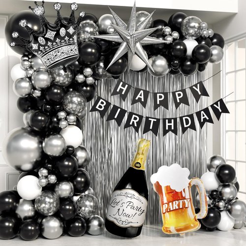 Black and Silver Birthday Party Decorations, Black Silver White Foil Balloons Happy Birthday Banner Fringe Curtains for 16th 18th 21st 24th 32th 40th 50th 60th Birthday Decorations for Men