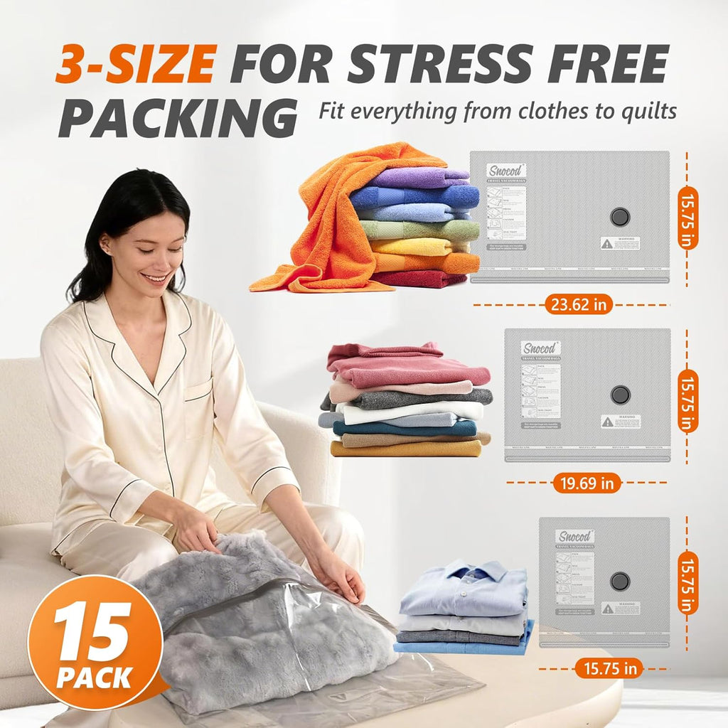 Skiennix Vacuum Storage Bags - 15 Pack with Electric Pump | Premium Tear-Resistant, Space-Saving Travel Essentials