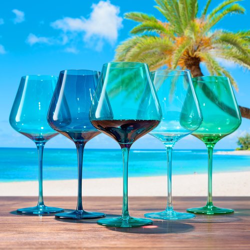Hawaii Beach Colored Wine Glass Set, 20oz Glasses | Set of 5 | Traveler, Explorer, Tropical Gift - Special Celebrations Drinkware For Red & White Wine, Unique Style Tall Stemmed Glass
