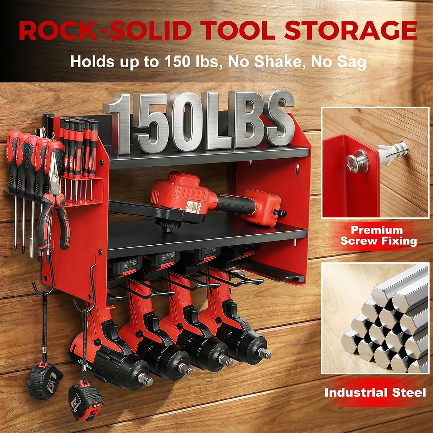 Power Tool Organizer by [Brand Name] - Heavy Duty Wall Mount with Charging Station | 3-Layer Storage & 4 Drill Holders