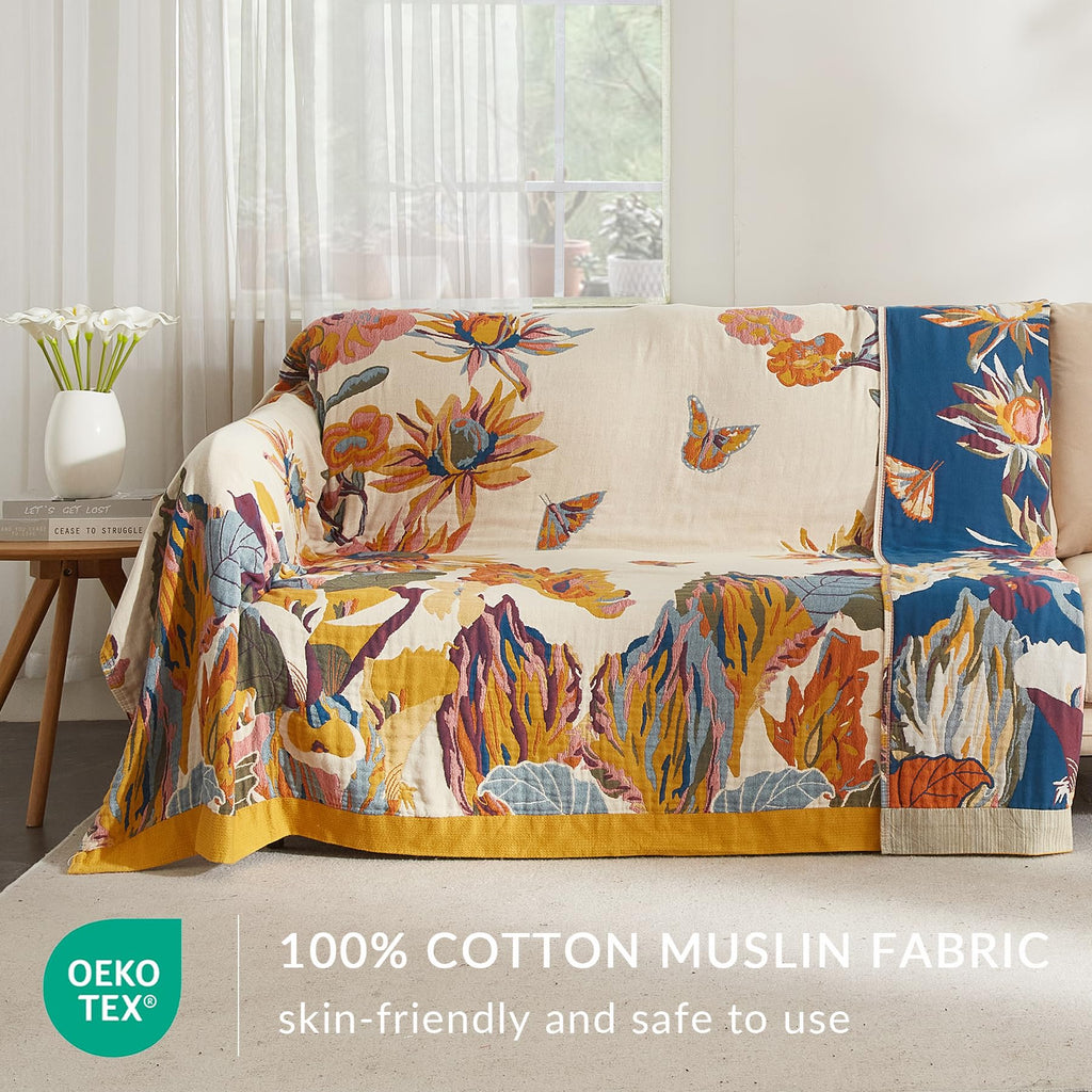 Bailix Boho Throw Blanket for Couch Sofa Bed, 100% Cotton Woven Quilt with Tassel 60”x80”, Super Soft Muslin Blanket with Floral Printed, Decorative Reversible Bed Blanket/Cover for All Seasons