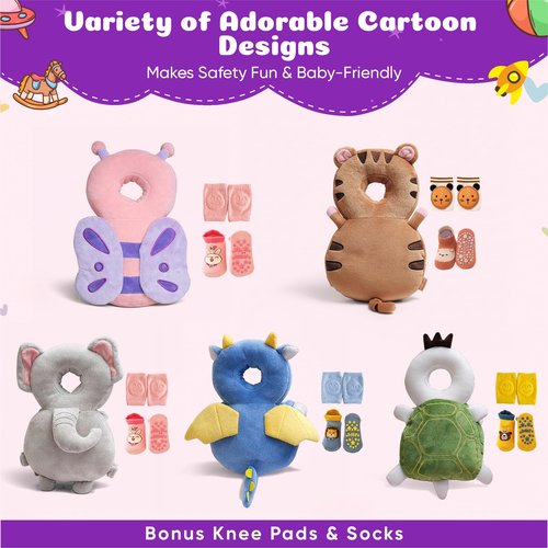 HippoBaby Baby Head Protector Backpack – Toddler Safety Cushion for Crawling & Walking – Infant Fall Protection Pillow with Adjustable Straps – Comes with Knee Pads & Non-Slip Baby Socks (Elephant)