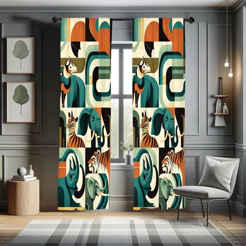 Ambesonne Animals Curtains, Urban Jungle Themed Modern Boho Detail Roundy Fox Elephant Tiger Print, Window Treatments 2 Panel Set for Living Room Bedroom, Pair of - 28" x 63", Dark Orange Teal Beige
