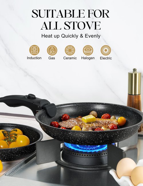 MICHELANGELO Nonstick Frying Pan Set, Non Toxic Frying Pans with Removable Handle, Granite Coating Non Stick Skillet Set of 3, Induction Compatible - 8" 9.5" and 11", Black