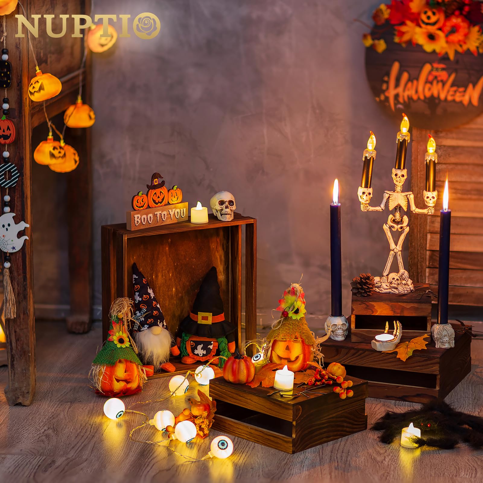 NUPTIO Wooden Display Risers Halloween: Set of 4 Square Burnt Wood Crates Stands Dessert Holder Nesting Brown Cupcake Stand for Baby Shower Wedding Table Centerpieces Farmhouse Decoration