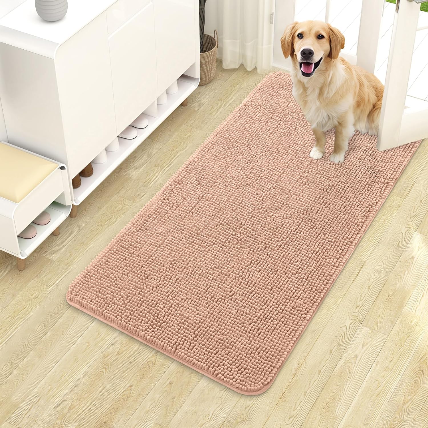 OLANLY Dog Door Mat - Absorbent Non-Slip Chenille for Muddy Paws | 40x24 Inches, Quick Dry, Peach
