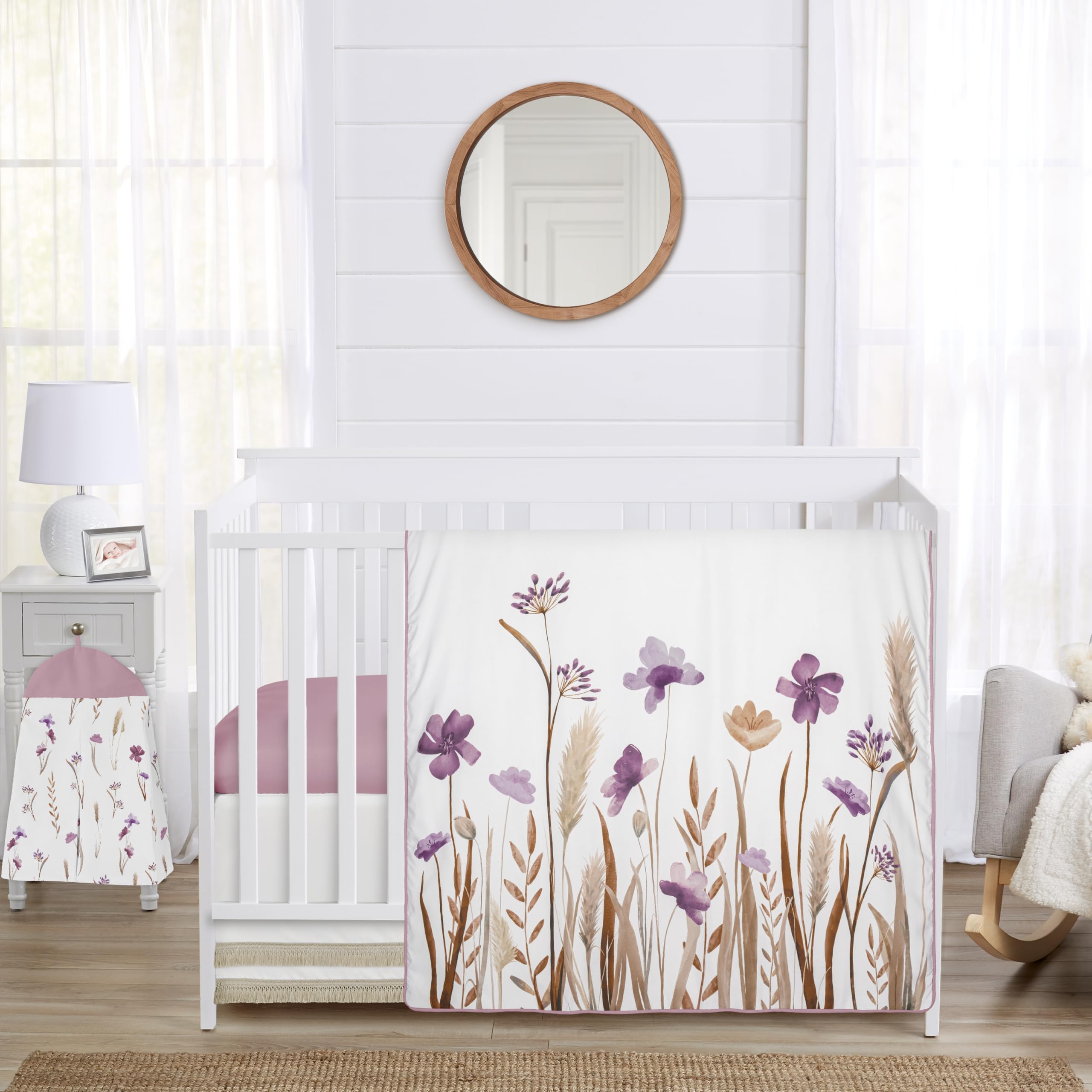 Sweet Jojo Designs 4-Piece Baby Crib Bedding Set (Purple Boho Floral) for Girls, Infants/Nursery incl. Blanket, Fitted Sheet, Skirt, Diaper Stacker (Vintage, Wildflower Garden, Bohemian, Farmhouse)
