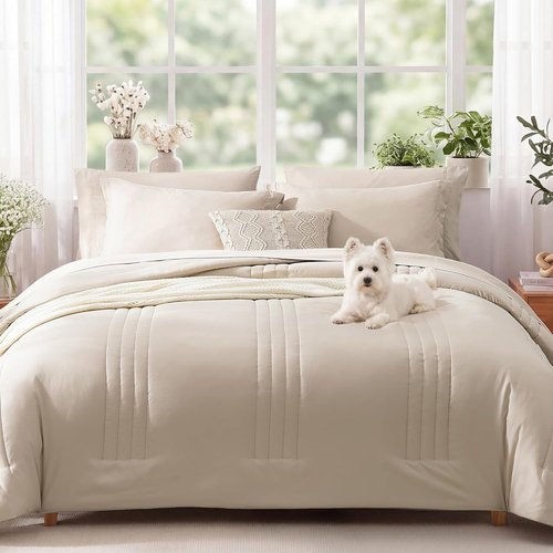 Monbix Queen Comforter Set - 7-Piece Beige Bedding Set | All-Season Comforter with Sheets & Pillowcases