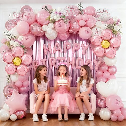 DBKL Pink Birthday Party Decorations, Pearl White Pink Metallic Pink Flower Foil Balloons Birthday Banner Butterfly Fringe Curtains Decorations for Women Girls Party Supplies