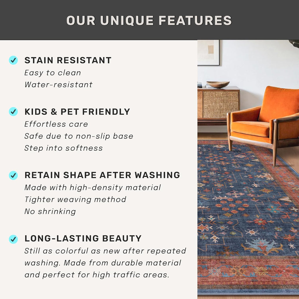 Regine Switzerland Washable 4x6 Area Rug - Stain Resistant Non-Slip Design for Living Room & Kitchen (Navy Blue)