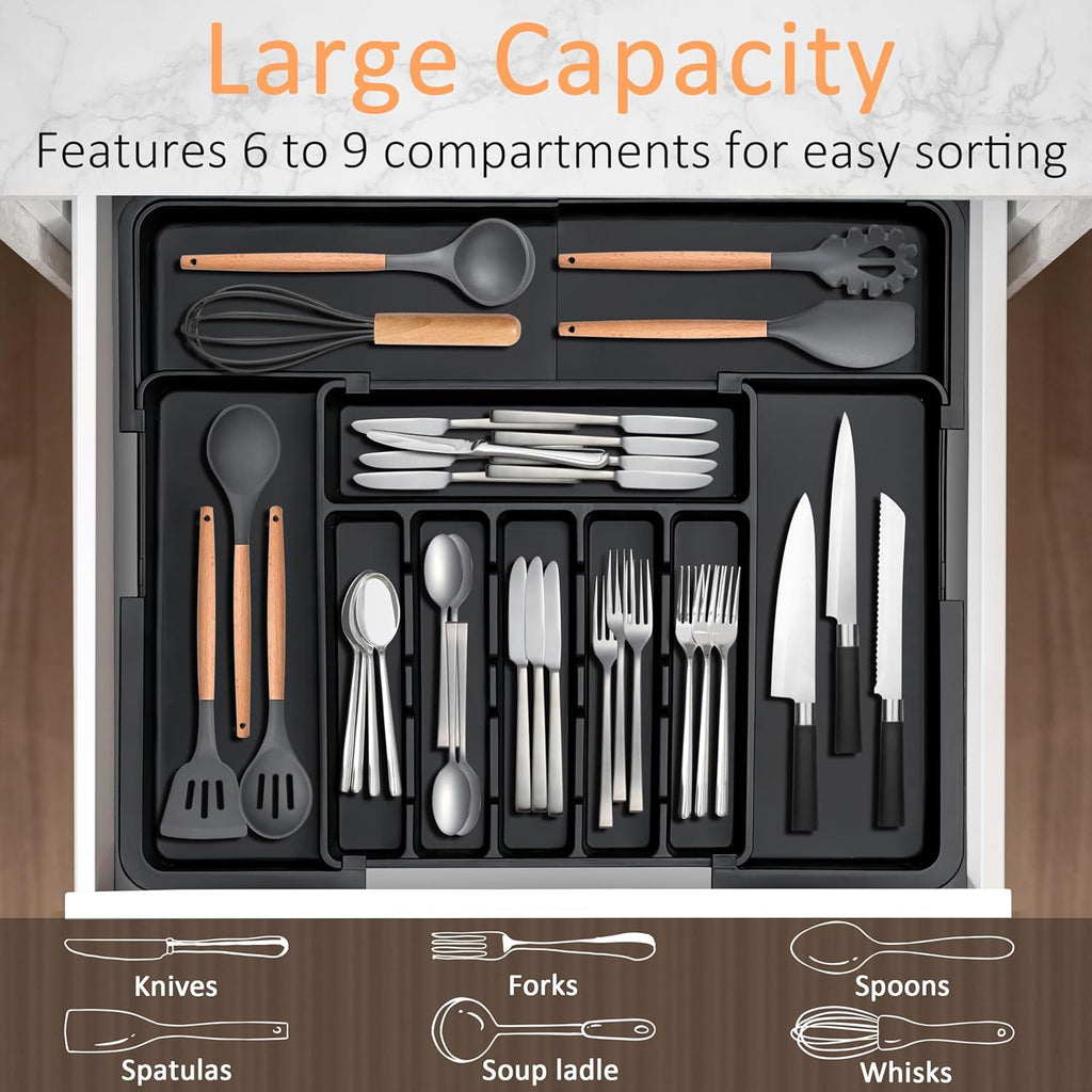 Spaclear Expandable Silverware Organizer - Adjustable BPA-Free Cutlery Tray for Kitchen | Black, 6-9 Slots