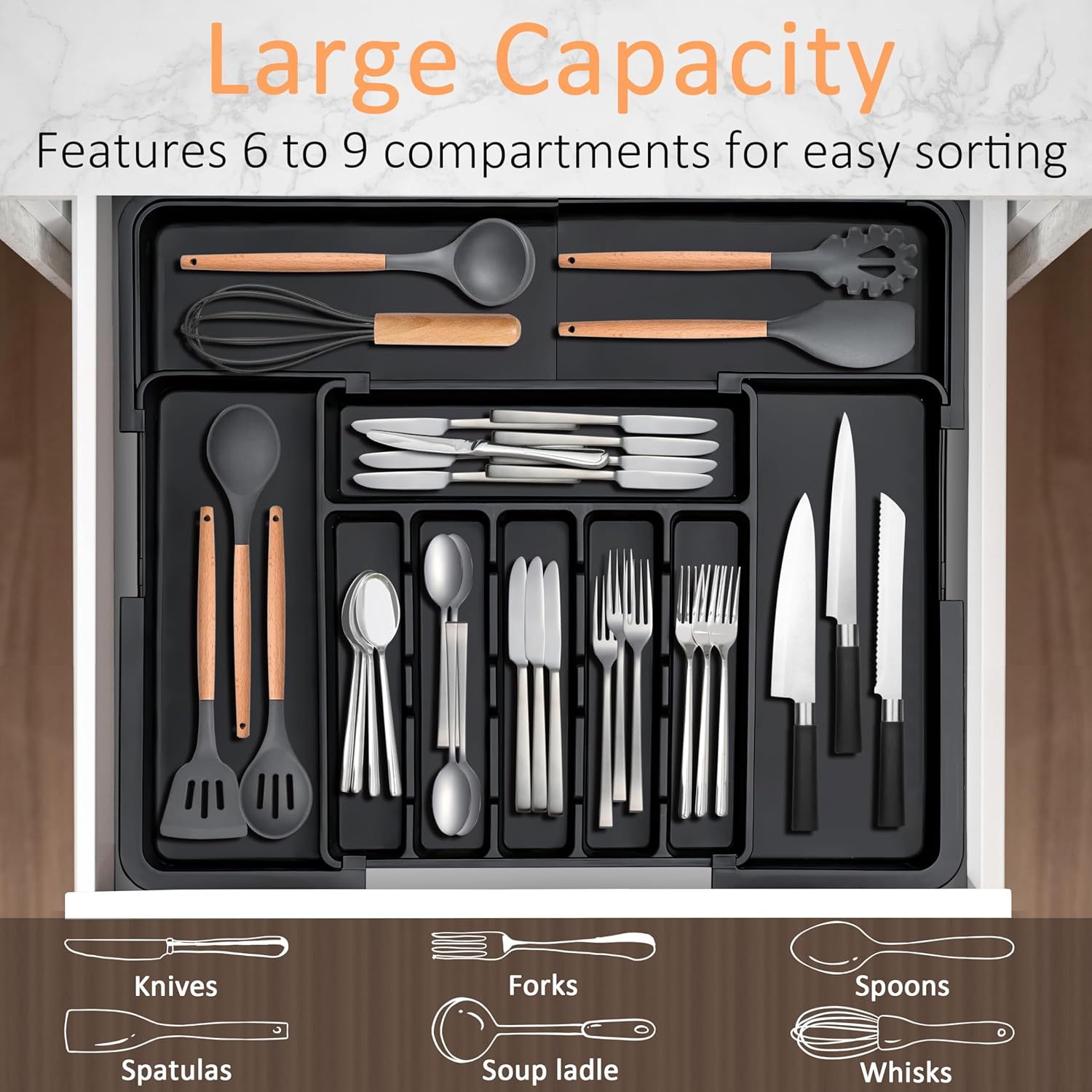 Spaclear Expandable Silverware Organizer - Adjustable BPA-Free Cutlery Tray for Kitchen | Black, 6-9 Slots