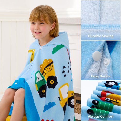 Joiedomi Hooded Towels for Kids Engineering Vehicle Print Soft 100% Cotton Kids Beach Towel 30" x 50" for 3-10 Years Boys Girls Beach Hooded Poncho Absorbent Pool Toddler Swim Bath Wrap