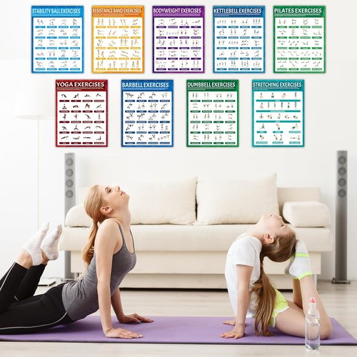 9Pcs Exercise Poster Set - Workout Charts for Dumbbells, Kettlebells, Yoga & More | Home Gym Decor