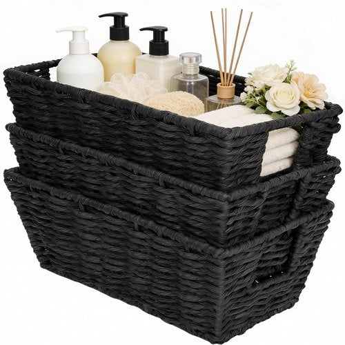 Paper Rope Storage Baskets for Shelves Organizing, Small Hand Woven Wicker Organizer Basket with Handle for Bathroom Toilet Paper Storage, Black, 3-Pack