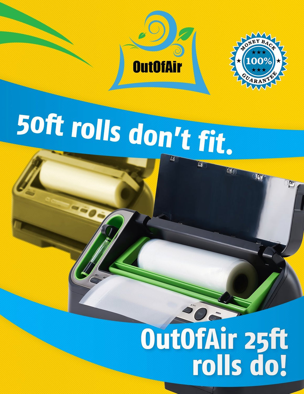 6" x 25' Rolls (Fits Inside Machine) - 4 Pack (100 feet Total) OutOfAir Pint Vacuum Sealer Rolls. Works with FoodSaver Vacuum Sealers. 33% Thicker, BPA Free, Sous Vide, Commercial Grade