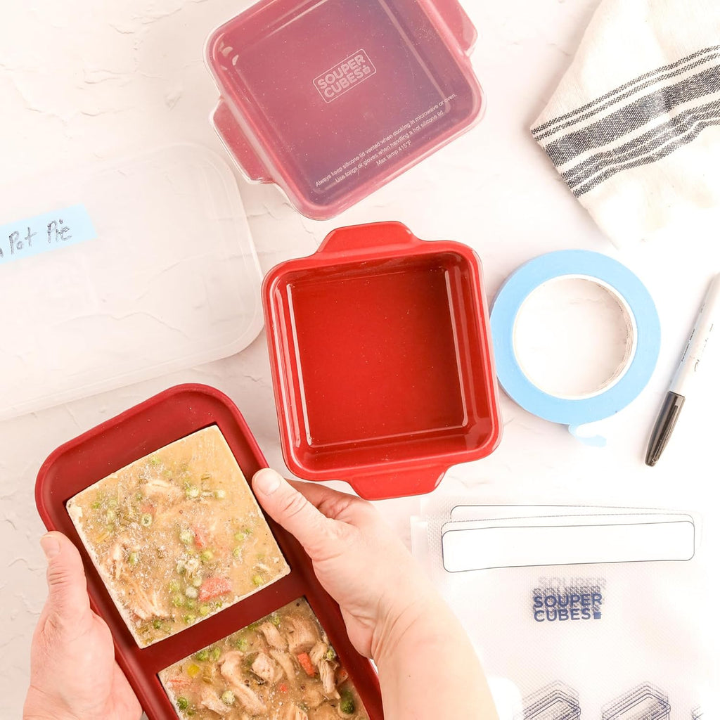 Souper Cubes Stoneware Baking Dishes - Premium Mini Ceramic with Silicone Covers, Set of 2 | 5" x 5", Cranberry
