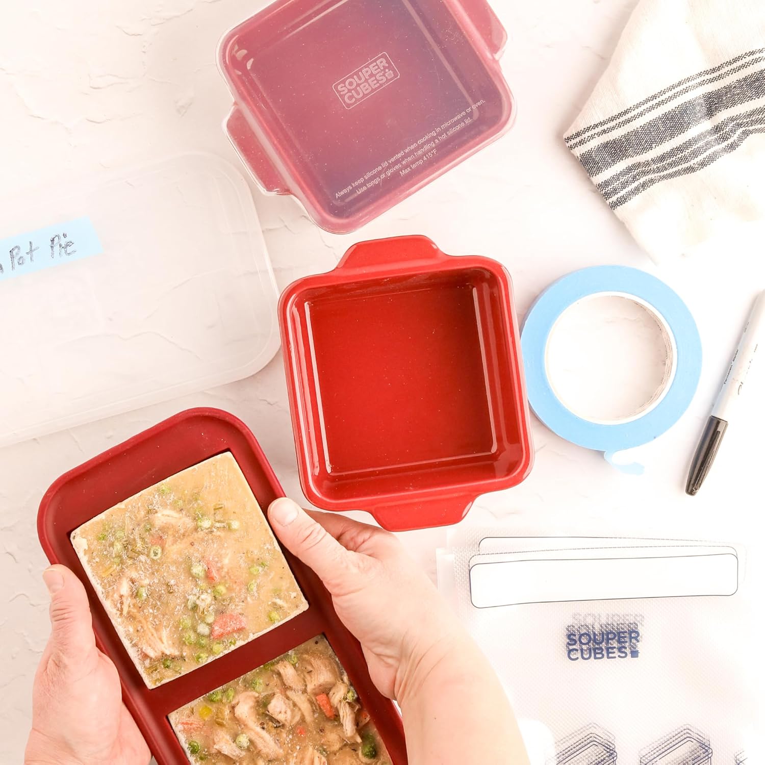 Souper Cubes Stoneware Baking Dishes - Premium Mini Ceramic with Silicone Covers, Set of 2 | 5" x 5", Cranberry