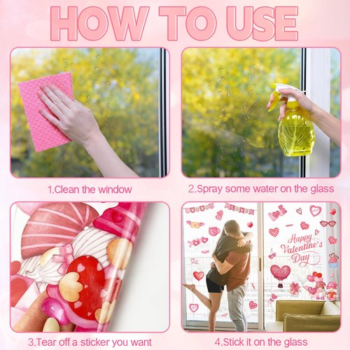 GULWAT 123 PCS Valentines Day Window Clings Decorations, 9 Sheets Red Pink Heart Happy Valentines Window Decals for Home Office Classroom Anniversary Party Store Glass Crafts Stickers Decor