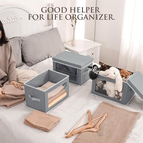 Homsorout Collapsible Storage Bins - 4 Pack Fabric Closet Organizers with Lids | Grey Baskets for Home & Dorm