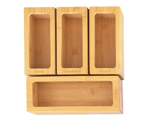 Incredinest Bamboo Drawer Organizer Bag Holder – Modular Design Zip Lock Bag Organizer Plastic Wrap Dispenser with Cutter – Baggie Organizer for Drawer with Single and Double Wrap Dispenser