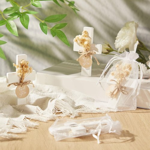 Flutesan 48 Sets Baptism Favors for Guests First Communion Wooden Cross Fridge Magnets with Flower and Bag, Christian Souvenirs Gift for Party Decoration, Baby Shower, Kitchen Decor (Classic,White)