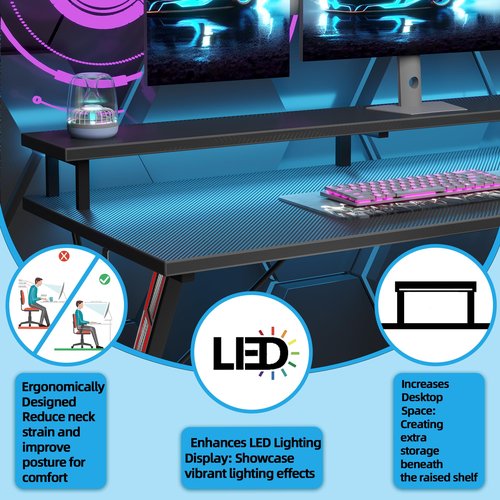 TIQLAB Gaming Desk with Power Outlets & LED 40 Inch Ergonomic Computer Carbon Fiber Surface Gamer Desk, Large Monitor Stand, Headphone Hook, PC Workstation for Bedroom, Black