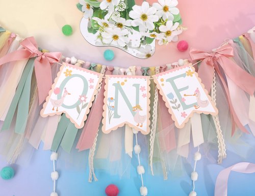One Happy Goose High Chair Banner - Sweet 1st Birthday Party Decorations,Colorful Highchair Garland with Bow Ribbon,Little Goose First Birthday Banner Photo Props,Fun Geese Lawn Party Supplies