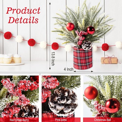 Buffalo Check | 2 Pack Small Christmas Trees - Festive Centerpiece Decor with Pine Cones & Berries