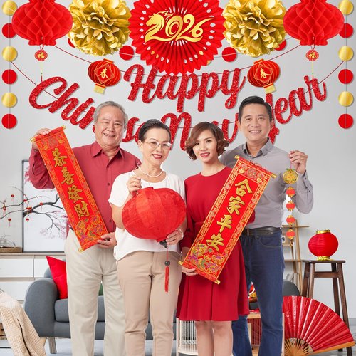 Chinese New Year Decorations 2026, Lunar New Year Decorations includes Happy Chinese New Years Banner Hanging Swirls and Red Lanterns, Year of the Horse Party Supplies for Home Office