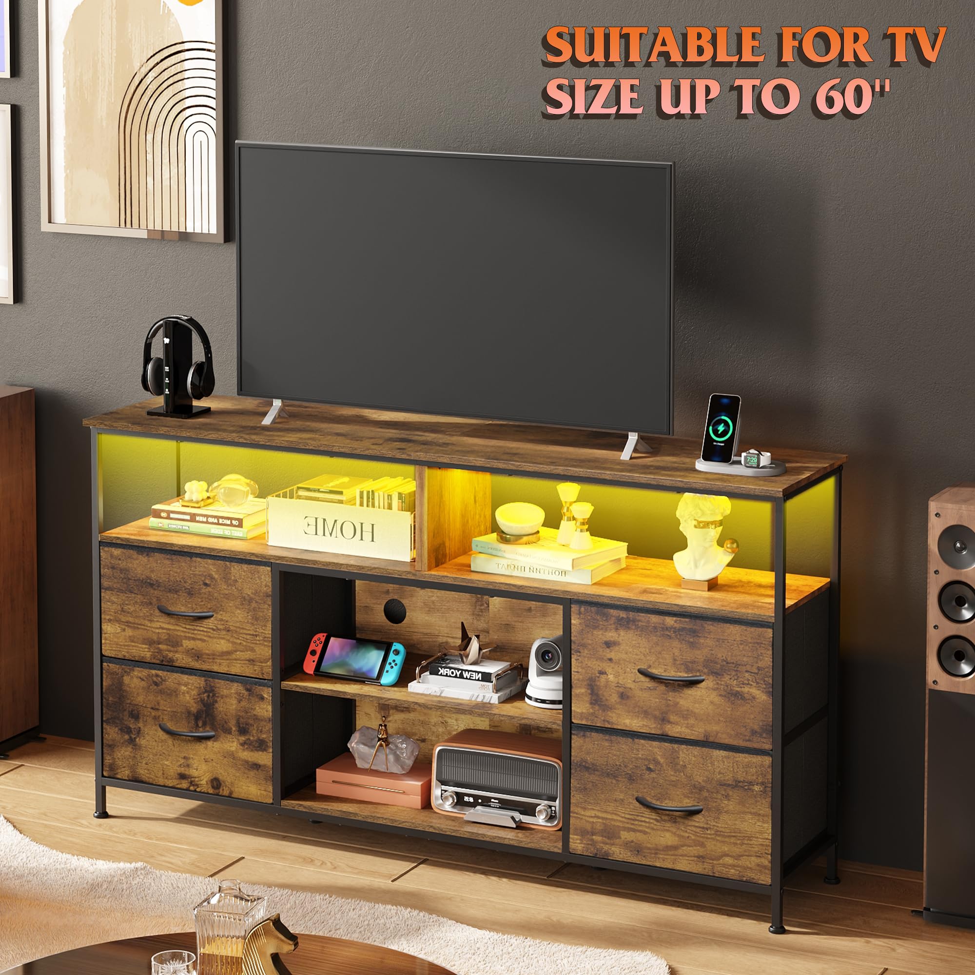 WLIVE TV Stand Dresser for 50,55,60 inch TV, Entertainment Center with LED Lights & Fabric Drawers, Dresser TV Stand for Bedroom and Living Room with Open Shelves, Rustic Brown