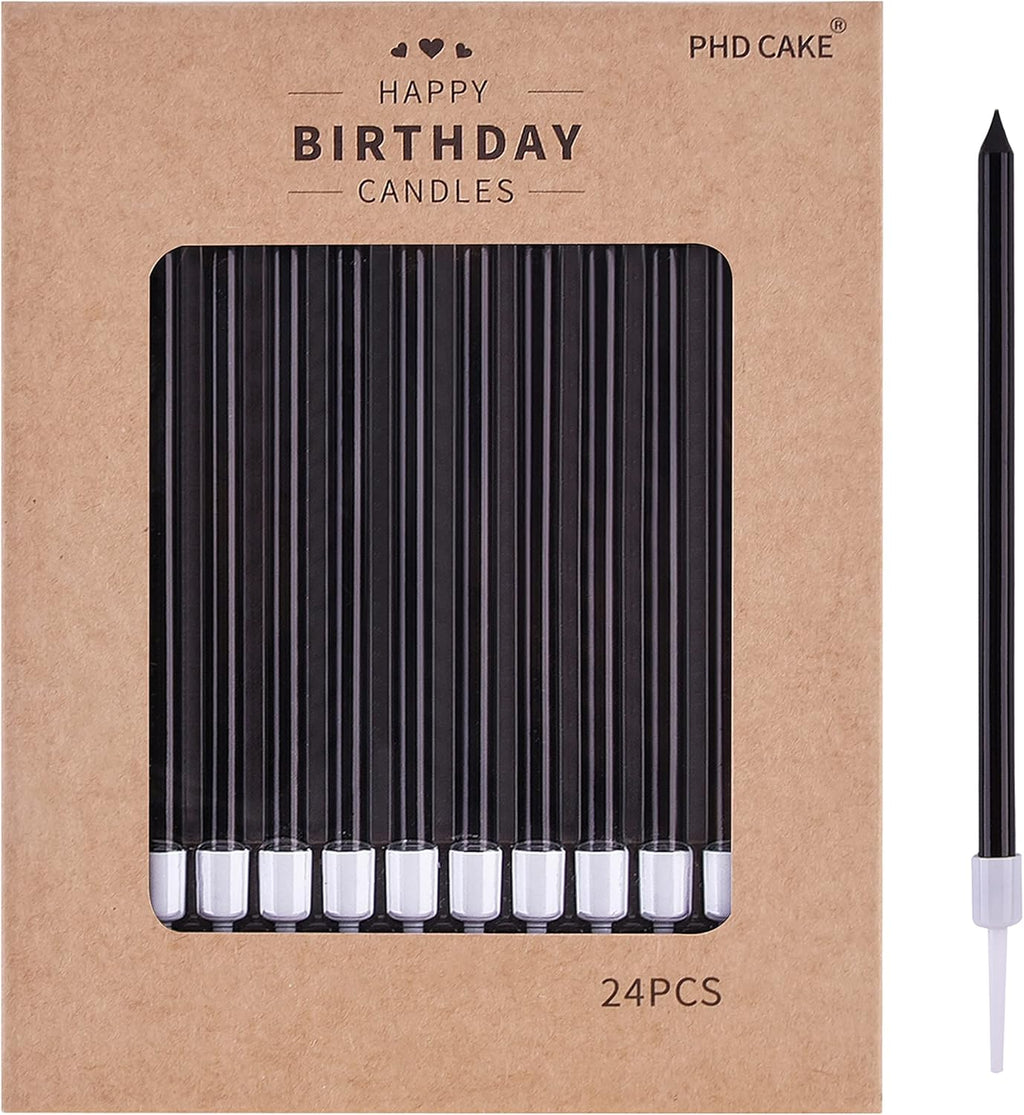 PHD CAKE Black Long Thin Birthday Candles - Perfect for Weddings & Parties | 24 Pack