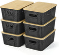 Ohmlove Plastic Storage Baskets - Stackable Containers with Bamboo Lid for Organizing | 6 Pack