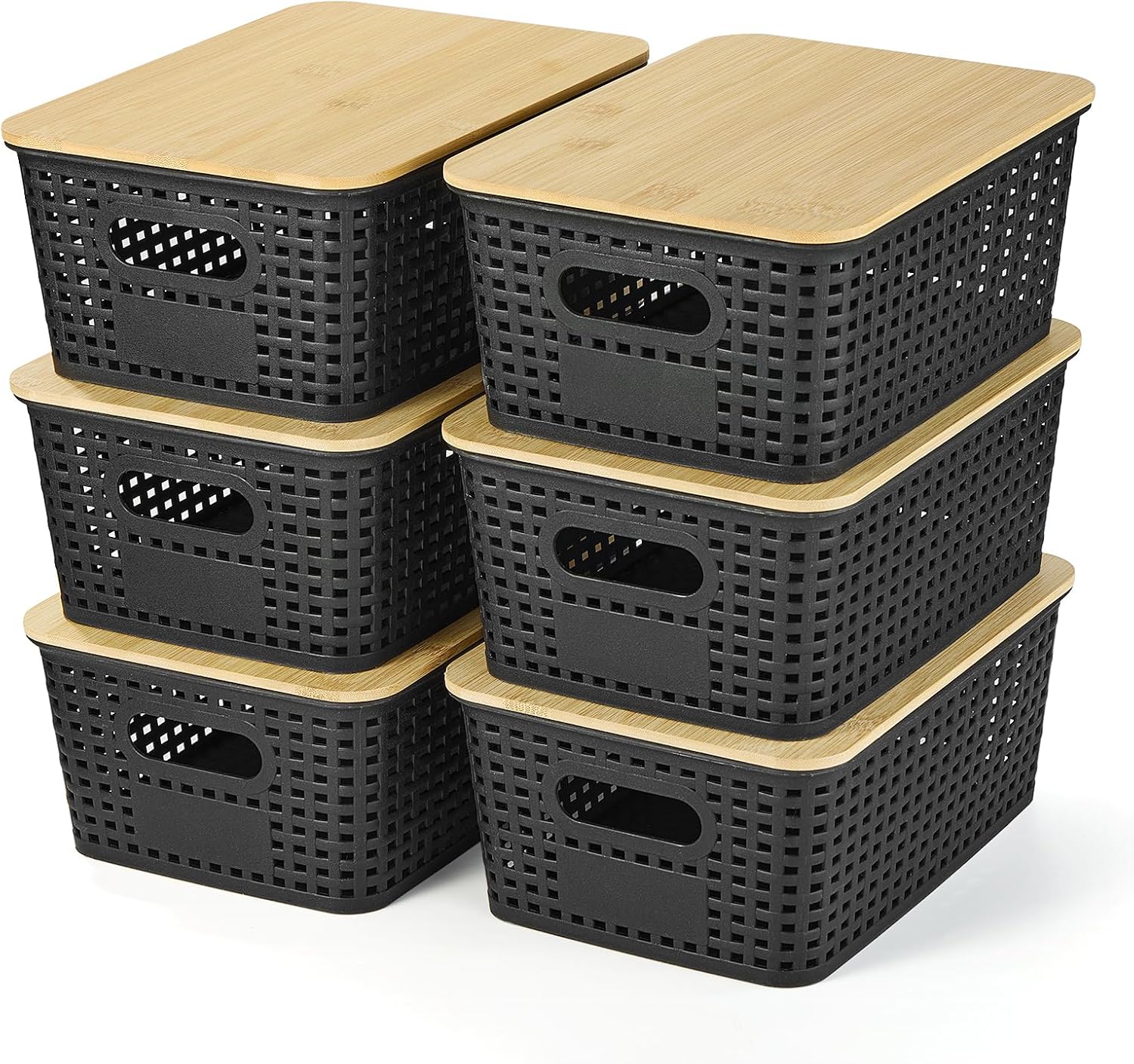 Ohmlove Plastic Storage Baskets - Stackable Containers with Bamboo Lid for Organizing | 6 Pack