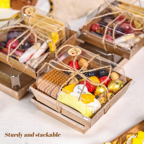 LOKQING 50 Pack Charcuterie Boxes with Clear Lids 5.3x4.9x2.5 Inch Paper Mini Charcuterie Box Takeout Containers for Cookie Cake Slice Sandwich Strawberries(Brown)