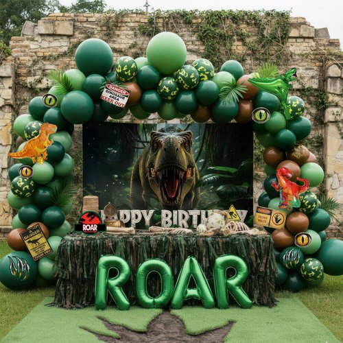 Dinosaur Birthday Decorations with Hunter Green Brown balloon arch & small T-Rex Foil balloons & backdrop Sign & Artificial Palm Leaves for Boys Jungle Safari Dino ROAR Party Supplies (Green Brown)