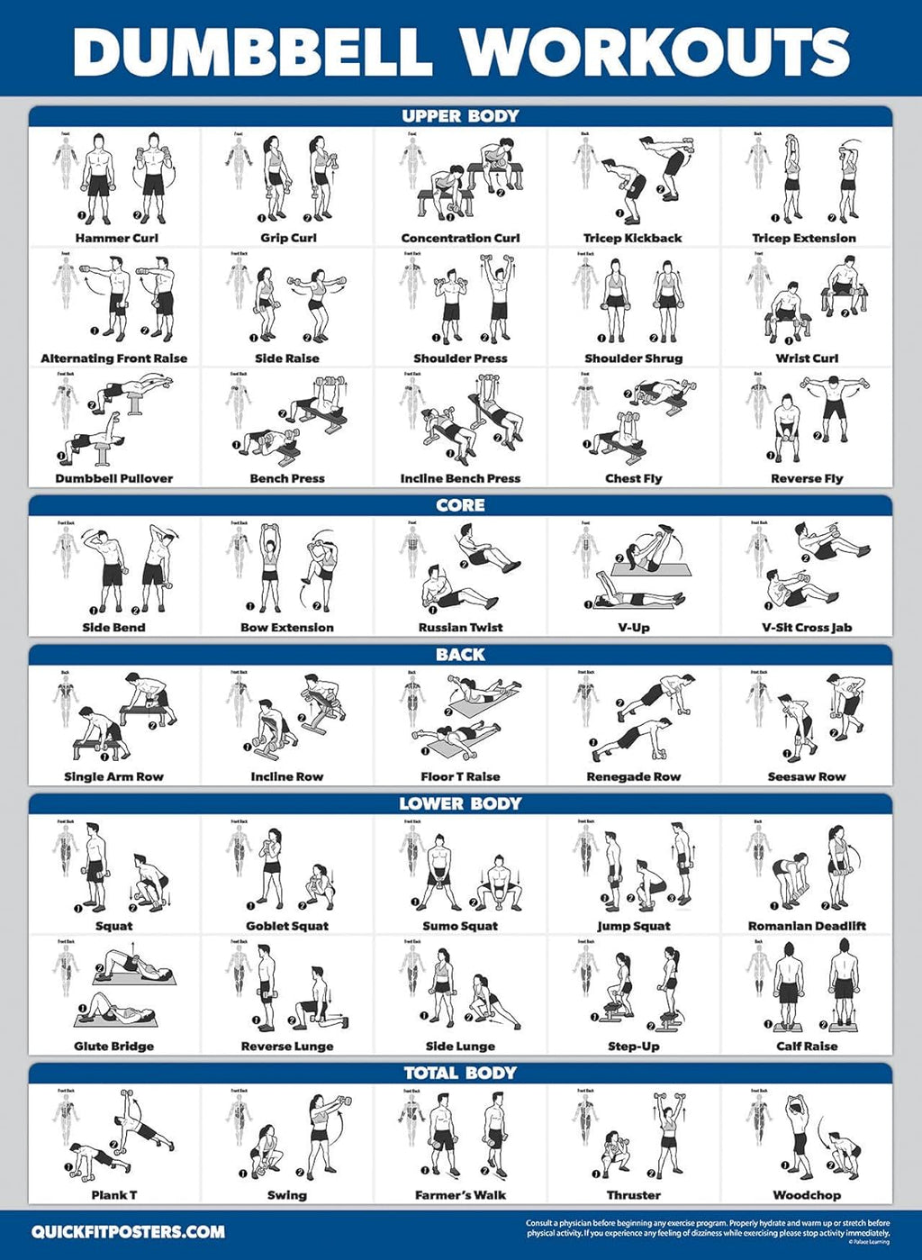 Workout Posters by Cable Machine - Laminated Exercise Guides for Dumbbells & Barbells | 18" x 24" - 4 Pack
