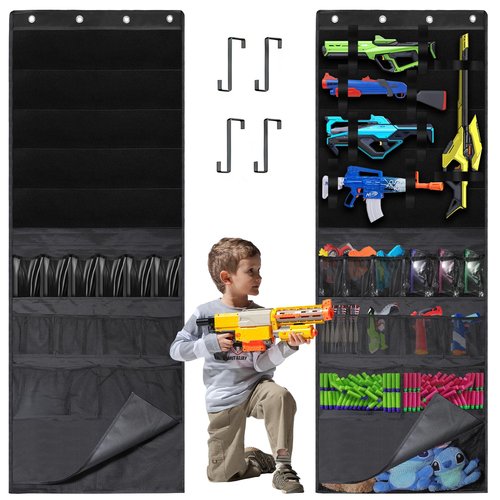 Over the Door Organizer for Toy Guns, Toys Storage Back of Door Hanging Organizer with Large Capacity Pockets and Adjustable Straps, for Kids Foam Blasters, Darts, Goggles and Toys Gun Accessories