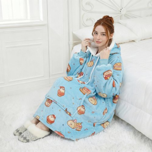 Qeils Wearable Blanket Hoodie for Women, Comfy Sherpa Sweatshirt Blanket as Birthday Christmas Gifts, Oversized Pullover Jacket Blanket Hoodie for Adult (Desserts, Adult)