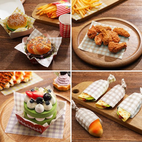 Honeydak 200 Pcs Checkered Wax Paper Sheets 7 x 7 Inch Checkered Deli Paper Sheets Food Basket Liners for Sandwich Burger Greaseproof Food Wrapping, Outdoor Picnic Disposable Serving (Brown)
