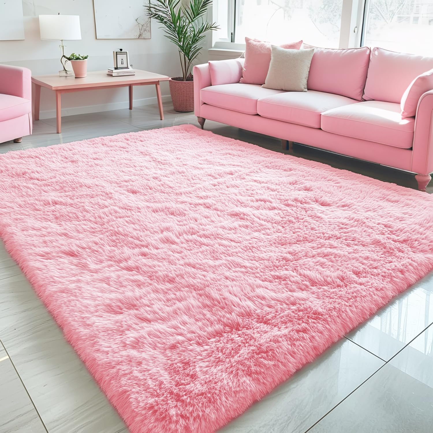 OLANLY Large Area Rug - Soft Fluffy Shaggy Indoor Carpet for Living Room & Bedroom | Pink 5x8