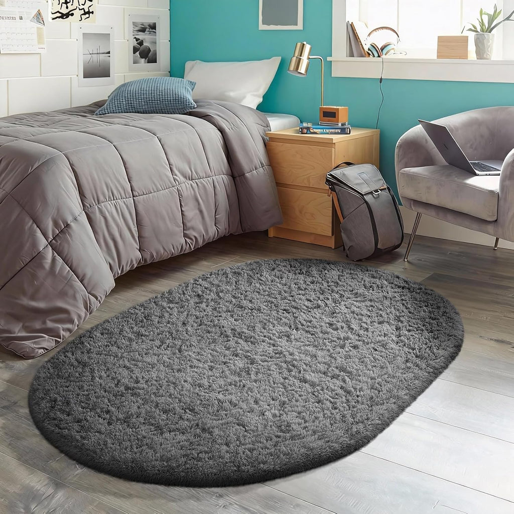 Ophanie 3x5 Oval Rug - Non-Slip Grey Area Rug for Bedroom | Fluffy Dorm & Nursery Decor
