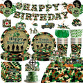 198pcs Army Birthday Party Decorations Include Camo Plates and Napkins Set, Banner, Hanging, Tablecloth, Balloon, Cupcake Topper, for Camouflage Hunting Military Theme Birthday Party, Serve 25