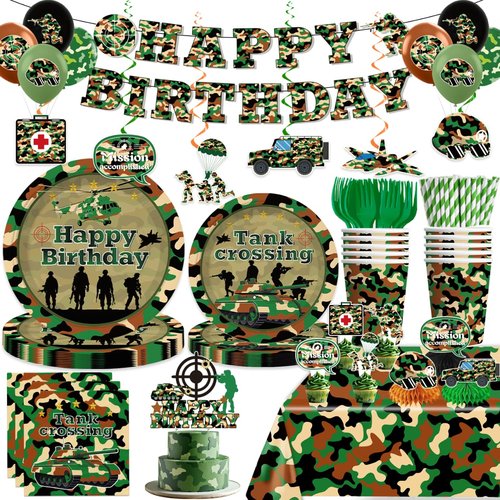 198pcs Army Birthday Party Decorations Include Camo Plates and Napkins Set, Banner, Hanging, Tablecloth, Balloon, Cupcake Topper, for Camouflage Hunting Military Theme Birthday Party, Serve 25