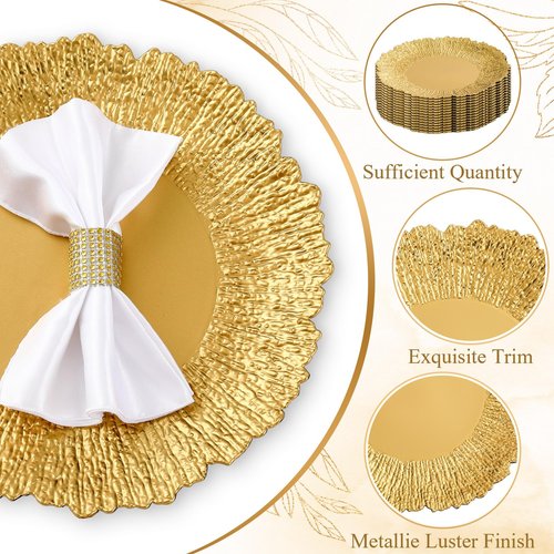 Widecook 50 Pcs Charger Plates Bulk for Wedding Chargers 13" Reusable Round Serving Plate Table Chargers for Catering Family Party Restaurant Home Dinner Supplies (Reef,Gold)