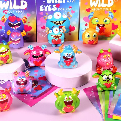 24Pcs Monster Valentines Day Gifts for Kids with Cards, Squishy Toys for Galentines School Gift Exchange, Classroom Prizes, Bag Fillers, Party Favors