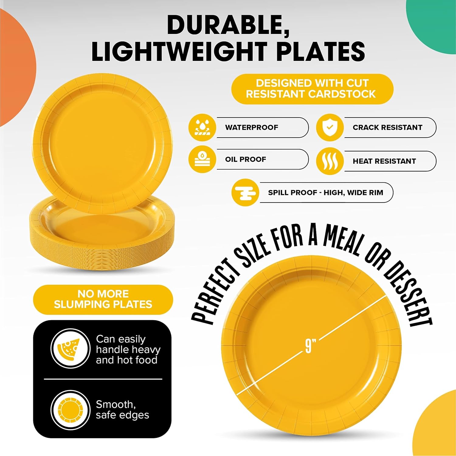 Skiennix Heavy-Duty Yellow Paper Plates - 9 Inch Disposable Party Plates | 100 Pcs, 350 GSM Quality