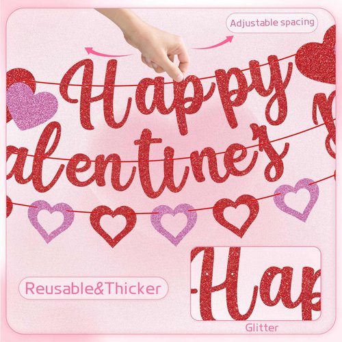 GULWAT Glitter Happy Valentines Day Banner, Glitter Red Pink Hanging Paper Heart Banner for Valentines Party Decorations Home School Classroom Office Hanging Wedding Anniversary Party Decor