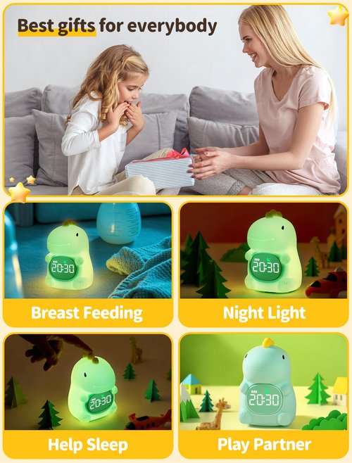 MASHI Dinosaur Alarm Clock with Night Light, Toddler Sleep Training Clock with Sun & Moon, Sleep Sound Machine, ok to Wake Clock for Kids, Digital Alarm Clocks for Bedrooms,Gift Ideas for Kids Child