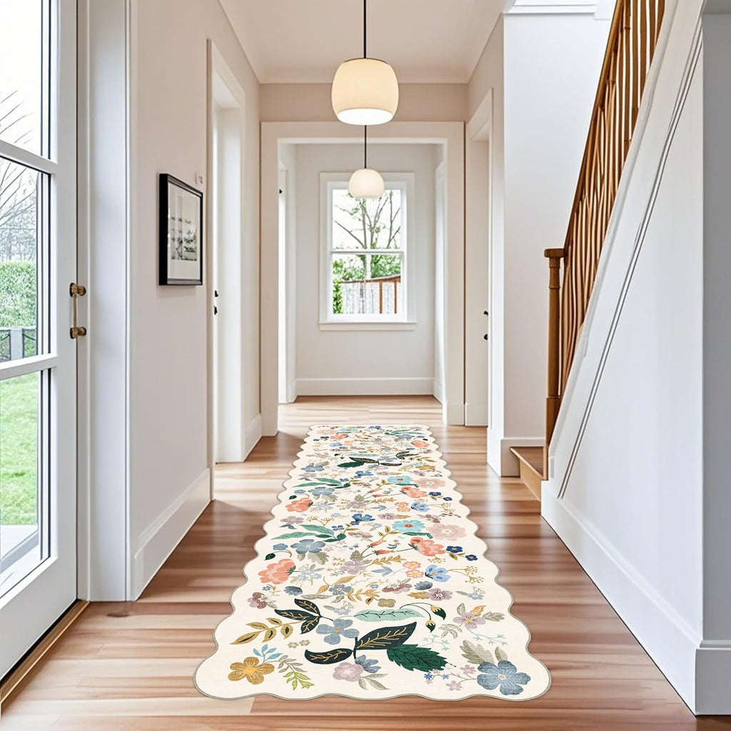 Skiennix 3x10 Washable Hallway Runner Rug - Soft Floral Non-Slip Carpet for Kitchen & Entryway | Cream